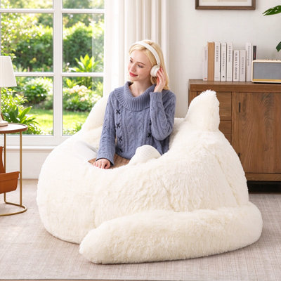 Modern Whimsical Style Cat Shaped Bean Bag Chair, Soft Faux Rabbit Fur Lazy Sofa with Detachable Tail Pillow for Adults & Kids