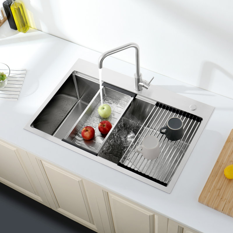 Évier de cuisine en acier inoxydable encastrable 33 po x 22 po. Gris foncé, bol simple avec accessoires, qualité de drainage rapide, facilité d'installation rapide
