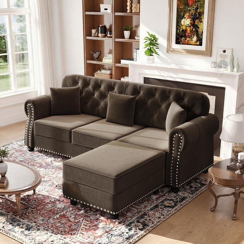 Canapé Chesterfield 82,6 po en velours moderne avec repose-pieds et coussins, Brun