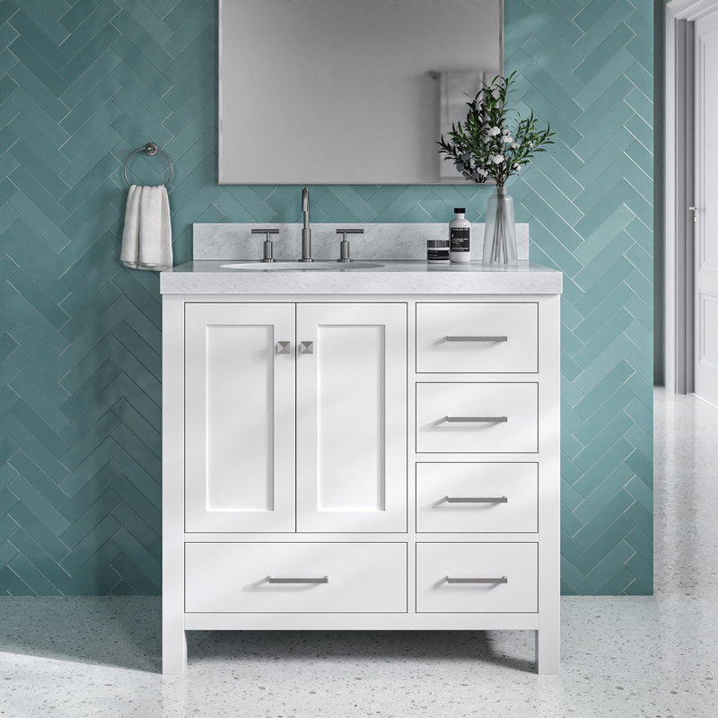 Ariel Cambridge 36 po Meuble-lavabo décalé à droite avec 2 po Comptoir en marbre de Carrare, Blanc