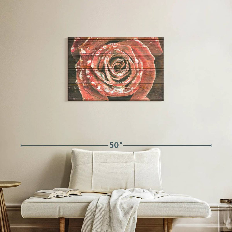 Harnek rose rouge sur bois, H 20 po x l 30 po