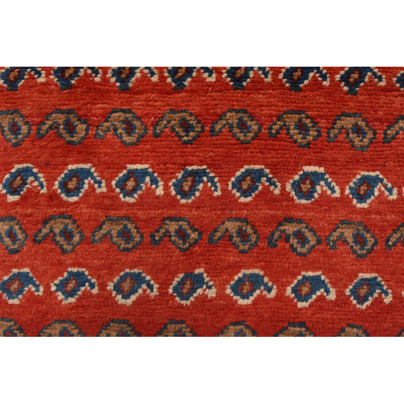 Tapis rouge rétro en laine noué à la main 3 pi 9 po x 10 pi Tribal