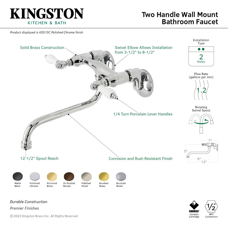 Polished Brass Wall Mount Bathroom Faucet with Lever Handles