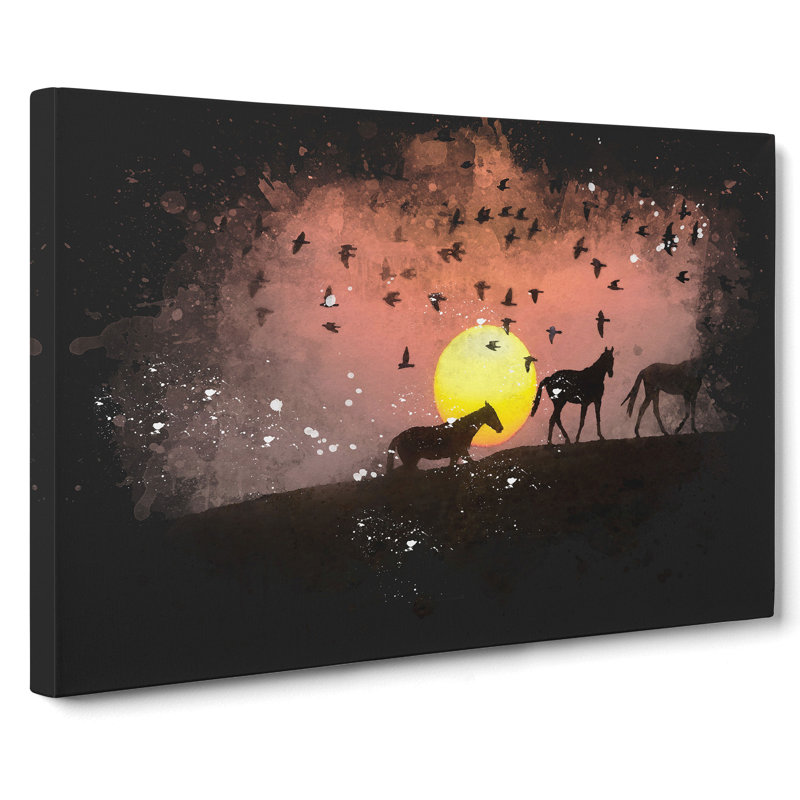 Birds And Horses At Sunset - Wrapped Canvas Painting, 35cm H x 50cm W x 3cm D