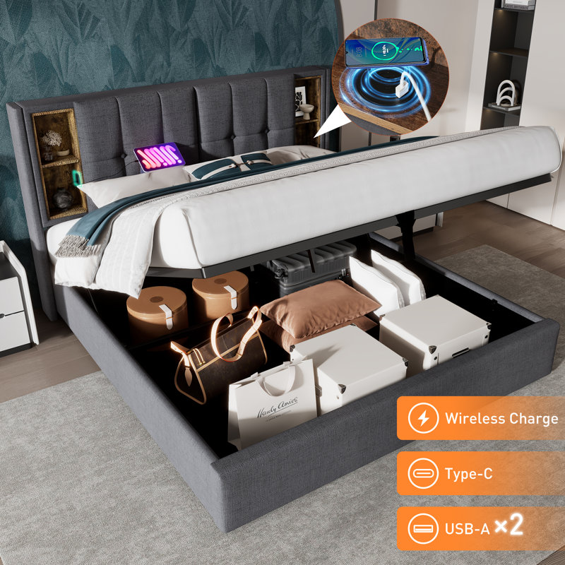 Upholstered Ottoman Storage Bed, Grey, Super King (6')