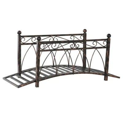 Pont de jardin 3,3 pi en arc en métal avec coulisses de sécurité, Passerelle décorative, volutes délicates et sphères de coin pour ruisseau, étang à poissons, bronze