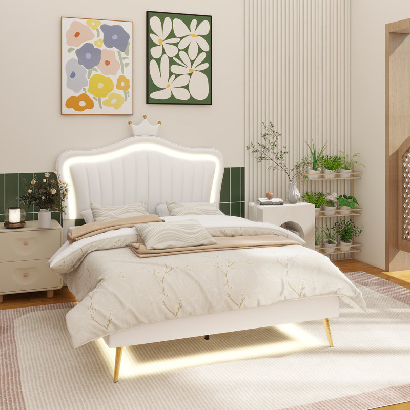 Structure de lit tapissier avec lumières DEL, lit princesse rembourré moderne avec tête de lit couronne, blanc et rose, Blanc