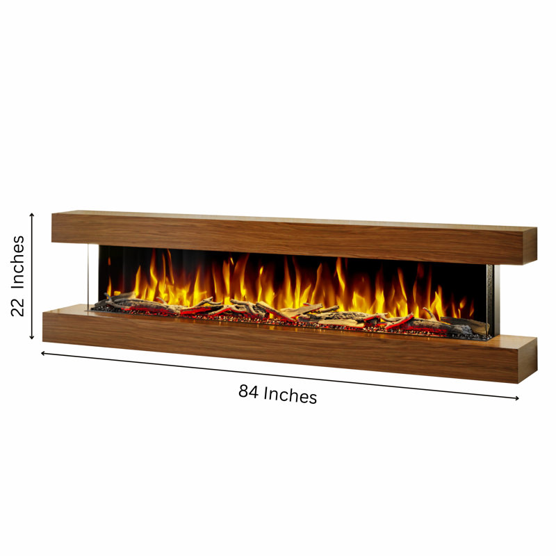 Studio 7 | Oak or Walnut | 84-inch Wall Mounted Electric Fireplace | Fully Assembled | 3-sided Panoramic Flame | Remote Control | Led Side Lights