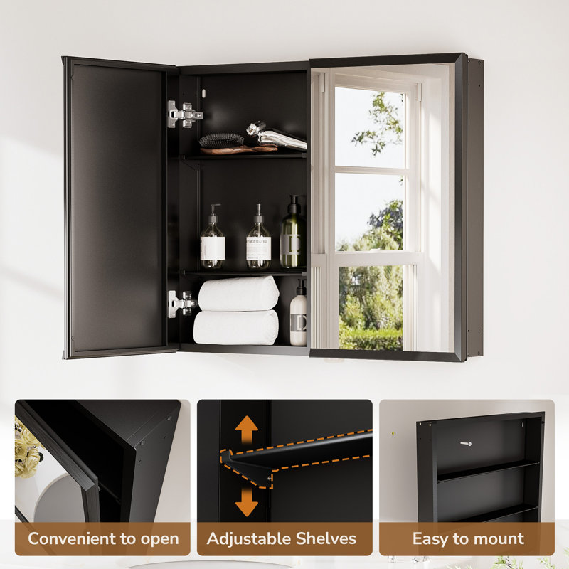 Armoire à pharmacie encastrée ou à surface avec miroir, Noir mat, H 32 po x l 36 po x P 5 po