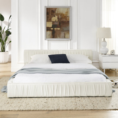 Queen Size Upholstered Bed Frame With Chenille Fabric With Pleated Design,Grounded Queen Size Platform Bed With Headboard And Solid Frame. No Box Spring Needed-Beige