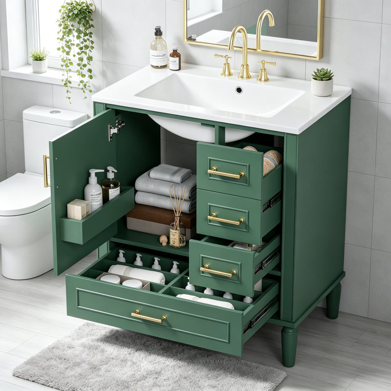 Ensemble de meuble-lavabo traditionnel vert de 30 pouces avec trois tiroirs, portes à fermeture douce et longues poignées en métal doré - idéal pour les petites salles de bain