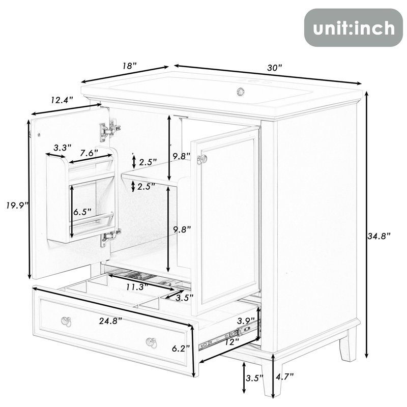 Meuble-lavabo de 30 po avec lavabo en céramique - bois massif blanc et armoire, base moderne, armoire, Blanc
