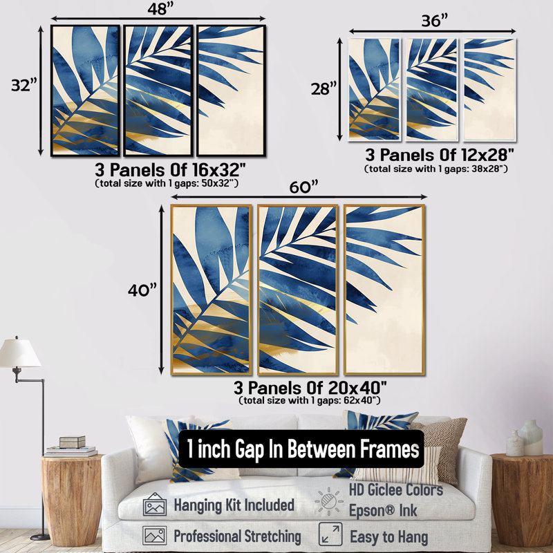 Ensemble de salon art mural bleu et doré feuilles de palmier II - palmiers et palmiers, H 28 po x l 36 po x P 1 po