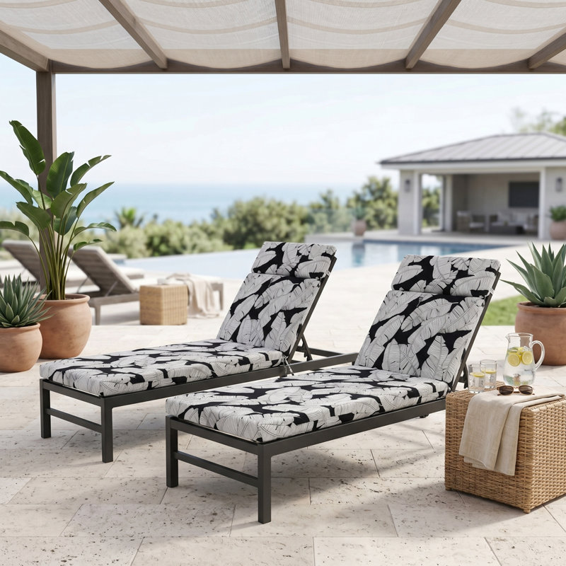 75"x22.8" Outdoor Chaise Lounge Cushion Set of 2, Waterproof Leaf Pattern Patio Recliner Pad with Secure Ties for Pool Lawn
