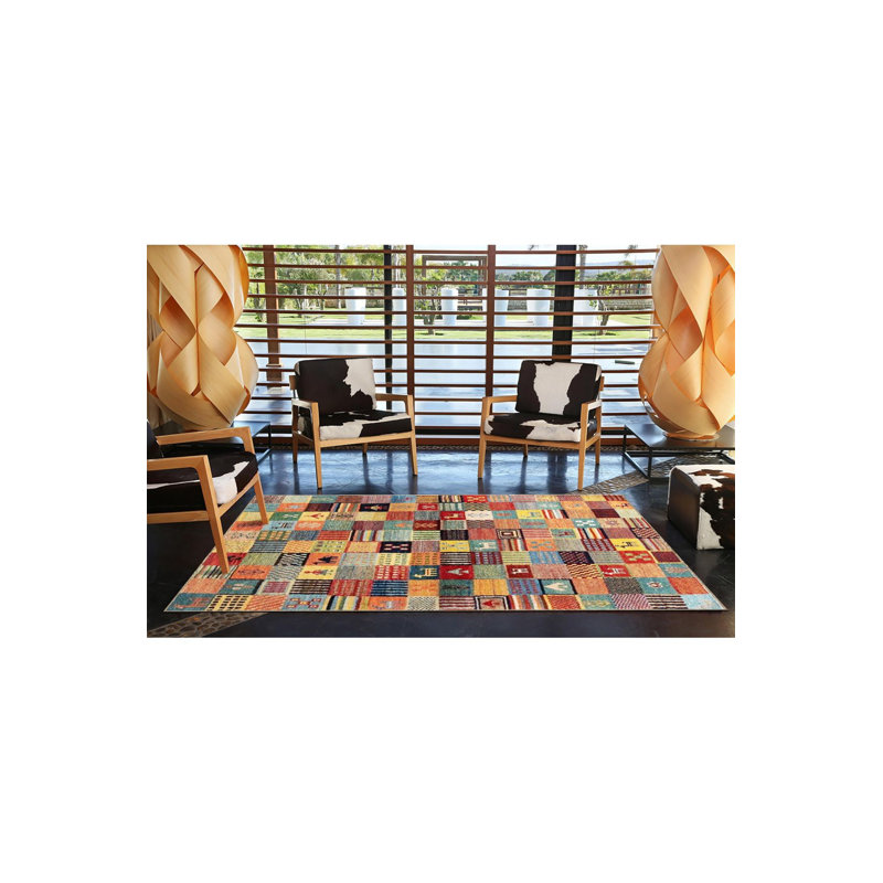 Checkered Geometric Patterned Woven Base Rug, Square 3'3" Rug Pad Included