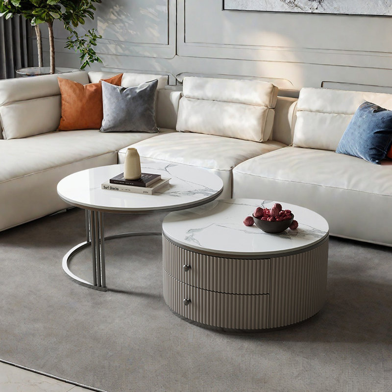 Round stone slab coffee table set, 16.5" H x 27.6" L x 27.6" W