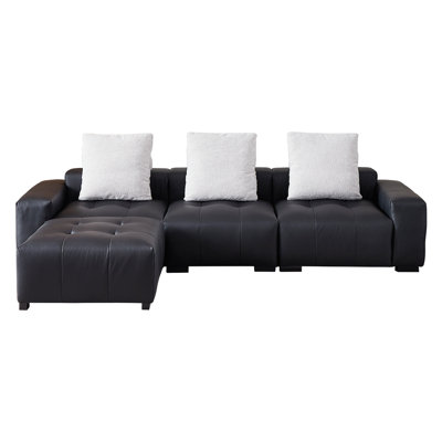 120"Genuine real Top-Grain leather sofa set for living room,4 seat sectional conch sofas for Bedroom or Office with Armrests and Comfy Cushions;black l shaped leather couch for Apartment with Ottoman