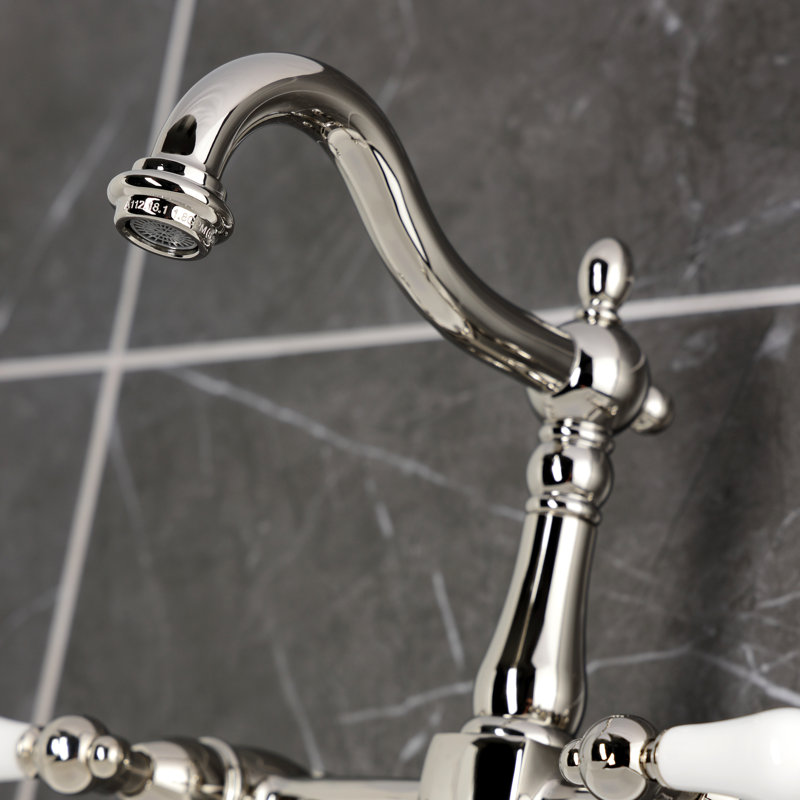 Kingston Brass Heritage Double-Handle 2-Hole Wall-Mount Bridge Kitchen Faucet, Nickel