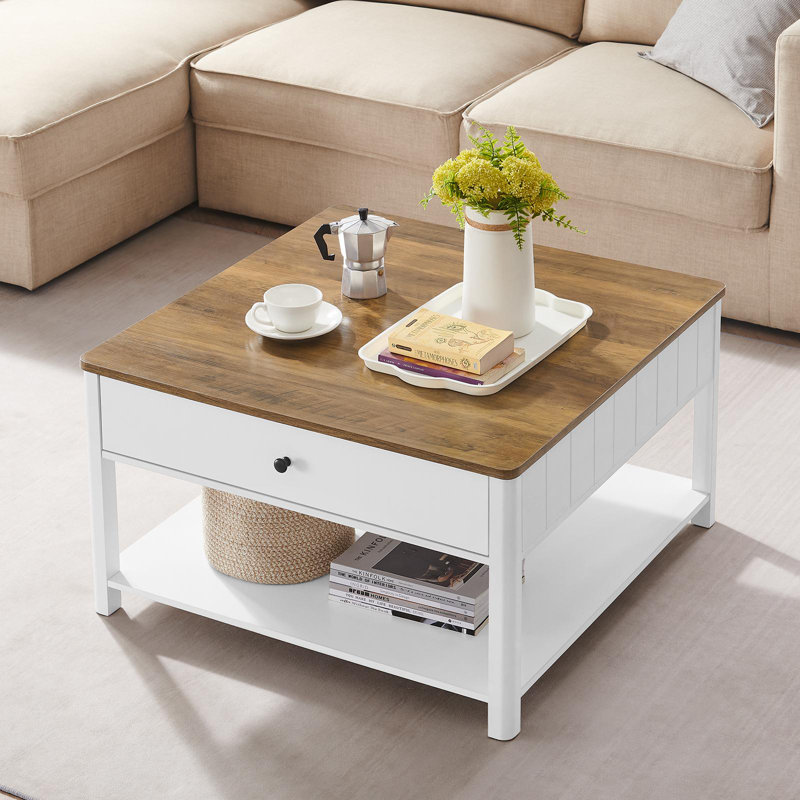 Table basse avec 2 grands tiroirs Oharra, Plateau brun / structure blanche
