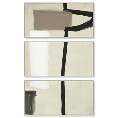 Ensemble d'art bohème minimaliste « Géométrie linéaire III » sur toile encadrée par Art Remedy, cadre argenté, 40 x 20