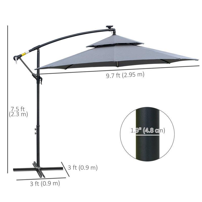 Parasol de patio à énergie solaire avec manivelle et base, gris