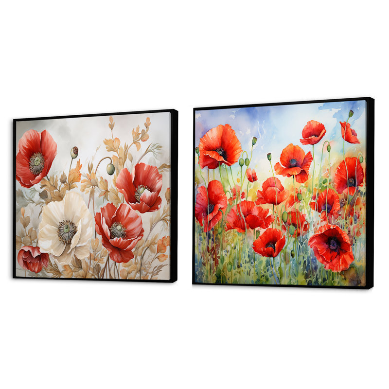 Poppies Charm In Winter Delight - Ensemble de 2 collages carrés coquelicots, Cadre flottant noir, H 16 po x l 33 po