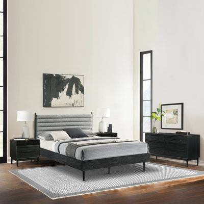 Greylynn 4 Piece Platform Bedroom Set in Wood with Gray Upholstered Headboard by Loon Peak