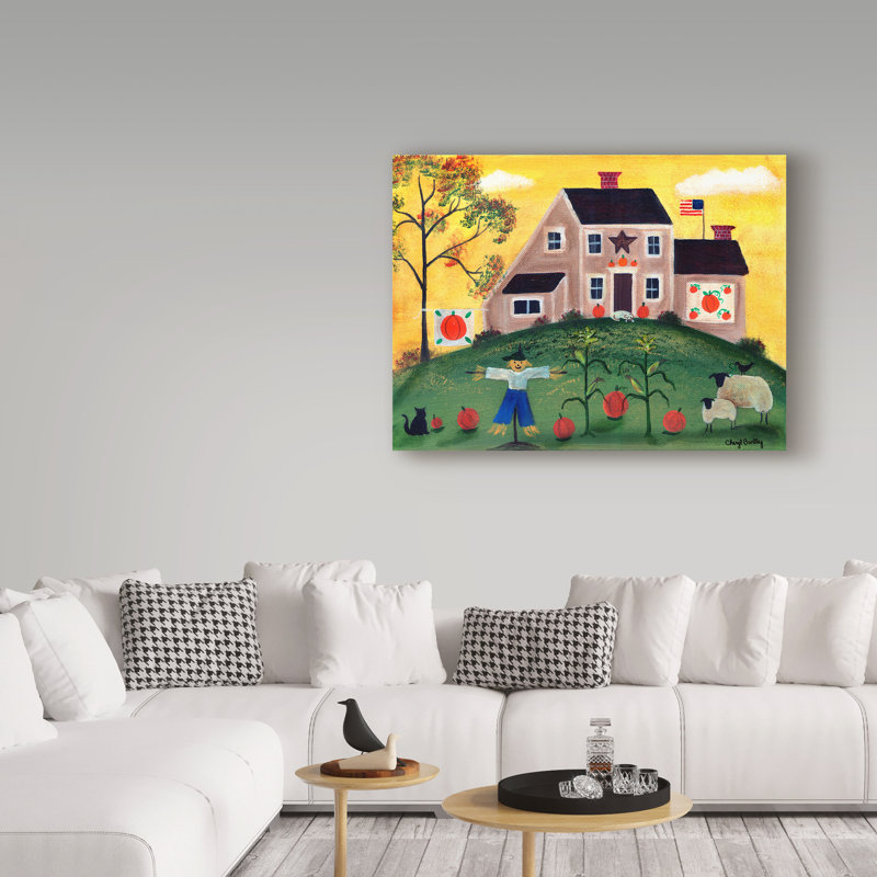 « épouvantail citrouille ovin » par cheryl bartley, reproduction d’art sur toile tendue, H 18 po x l 24 po x P 2 po