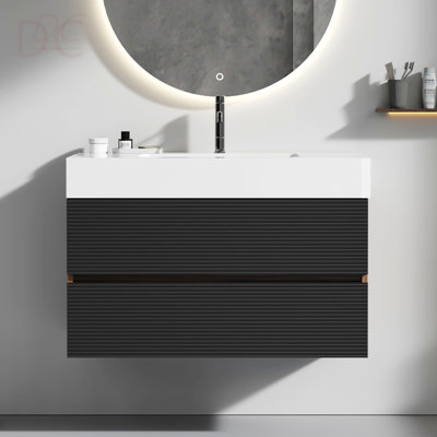 Meuble-lavabo de 36 po avec lavabo à surface solide blanc brillant et tiroirs noirs doux, meuble-lavabo mural flottant pour salle de bain moderne, lavabo une pièce sans drain et robinet