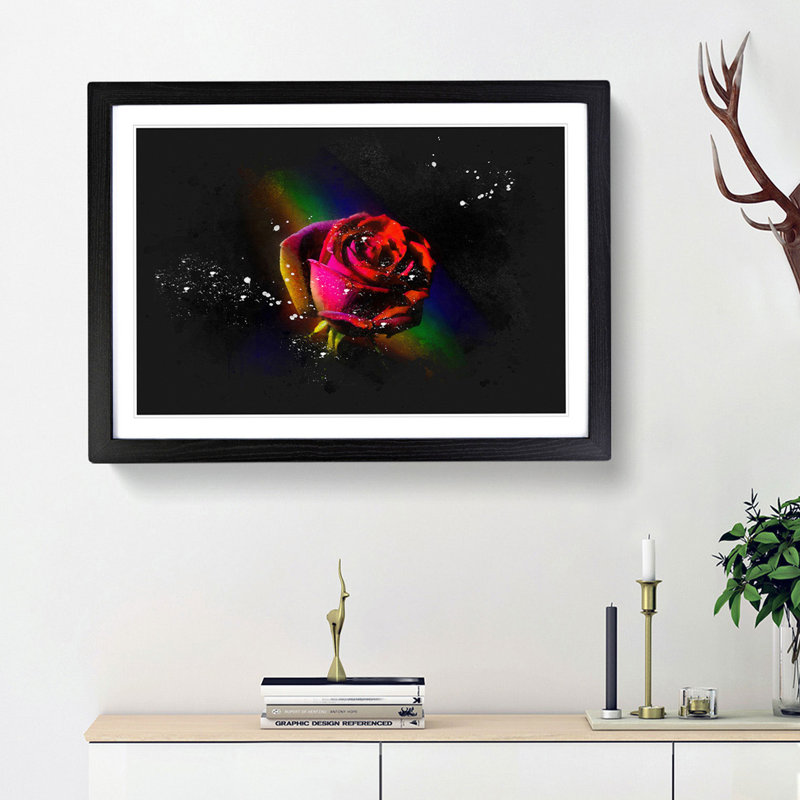 Rainbow Upon A Red Rose - Picture Frame Graphic Art, 24cm H x 33cm W x 2cm D, Black Framed