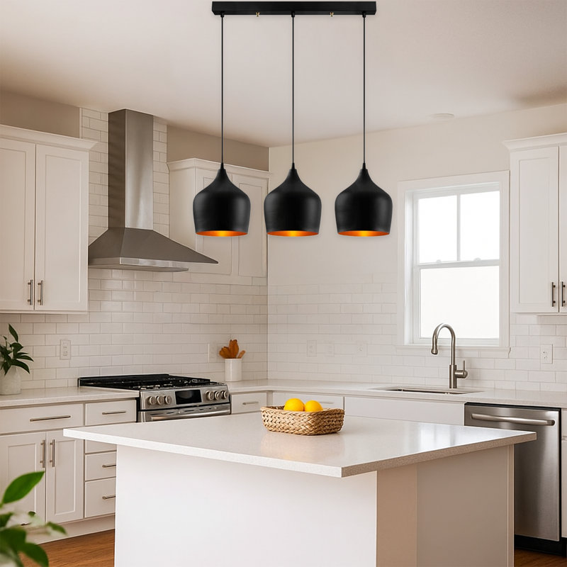Lustre en forme de globe à 3 lumières pour îlot de cuisine Olgrah, Noir mat