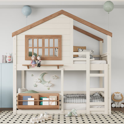 Twin Size Loft Bunk Bed With Bookshelf, House-Shaped Design & Safety Rails For Kids,Beige & Natural