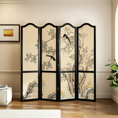 Paravent pliable Georgette, paravent à imprimé floral rétro avec cadre en bois massif noir