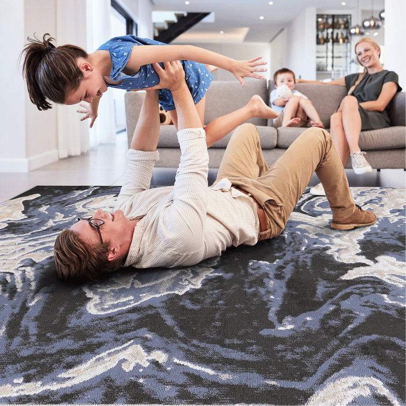 Tapis tissé 5 x 7, aspect abstrait bleu, sans perte de teinture, teinture parfaite pour le salon et le bureau à domicile, vestibule de chambre à coucher