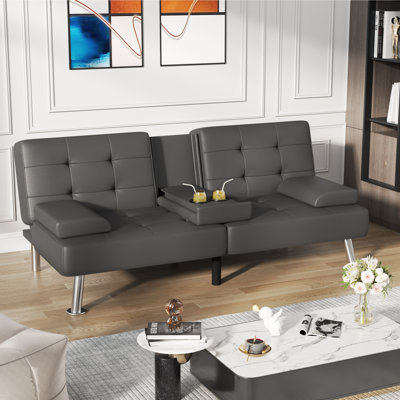 Siomarily 66'' Wide Faux Leather Convertible Upholstered Reclining Sofa with Cup Holder