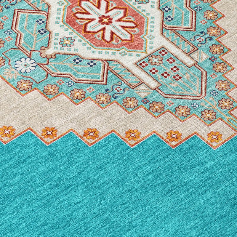 Teal Medallion Washable Synthetic Rectangular Rug 2'6" x 3'10"