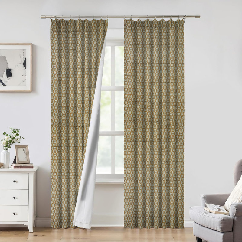 Fabdivine Floral Pattern Block Print Drape Room Darkening 27x89 Inches, Handmade Thick Linen, Brown  Home Décor Pleated Pinch Curtains for Stylish Blackout or Office, Tulsi Buti