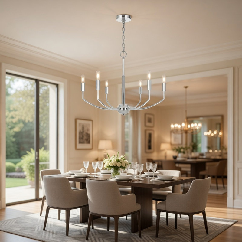 Lustre candélabre 6 lumières Kera, 26 pouces en métal chromé moderne Kera, H 19 po x l 26 po x P 26 po, Six lumières