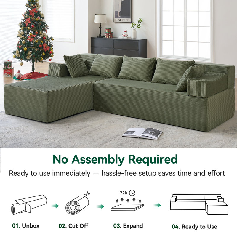 105 in L-Shaped Modular Sectional Sofa with Chaise, Modern Minimalist Deep Seat Couch, No Assembly Needed, Green  Corduroy 