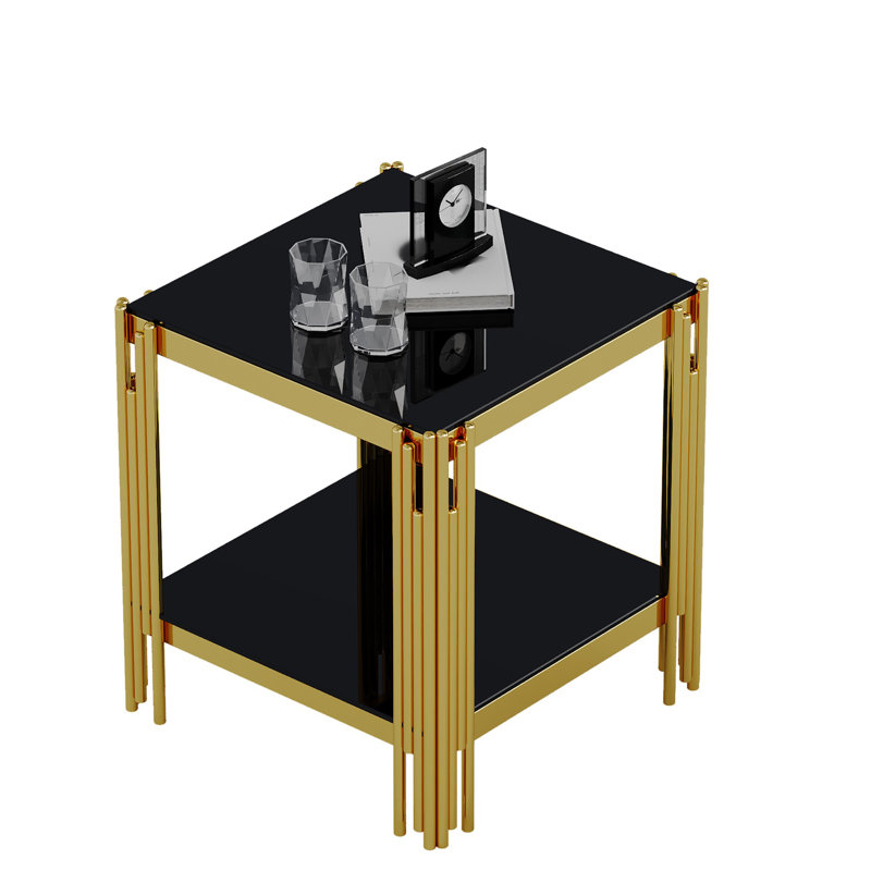 Modern Tempered Glass Top End table with Stainless Steel Frame, Black, Gold