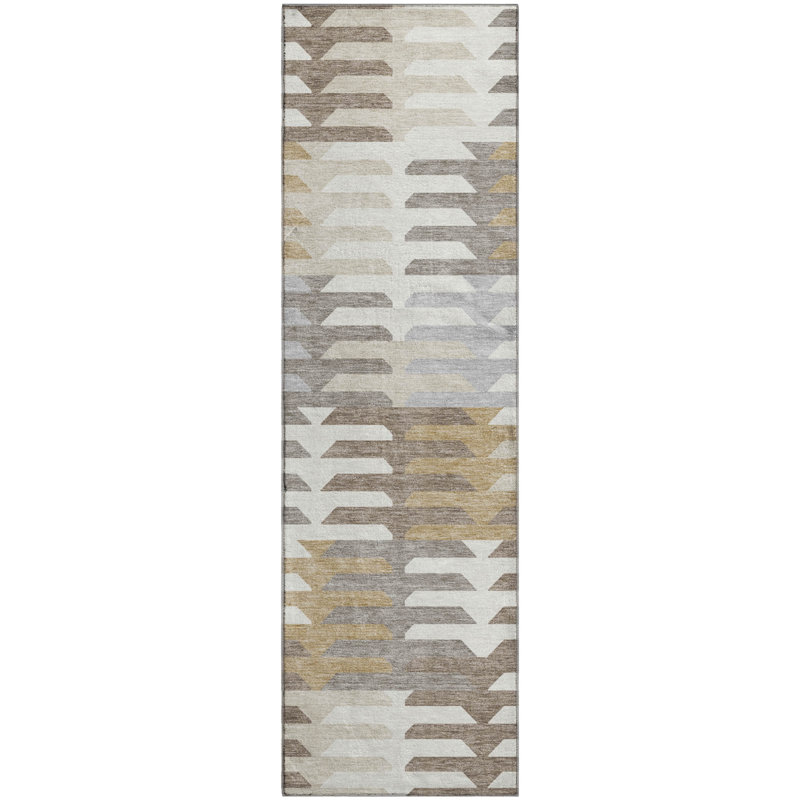 Premium Machine Washable Mayfield AMF2328 Geometric Rug, 2'3" x 7'6" Runner, Taupe