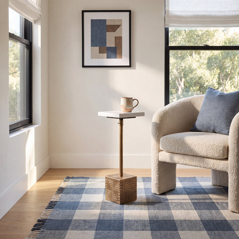 Yeni Genuine Marble Pedestal End Table, Antique Brass