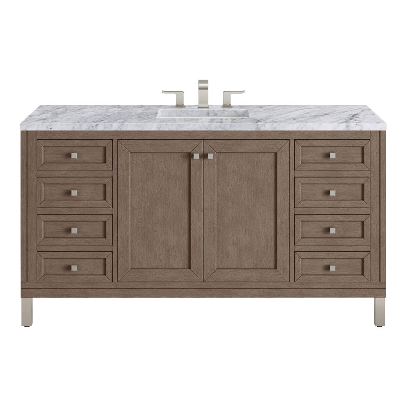Chicago 60'' W Double Vanity, Walnut Whisper, Carrara White, 8" Widespread