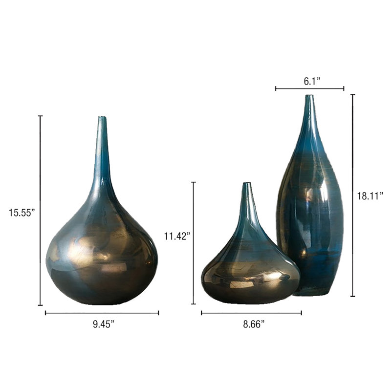 Aurora Blue and Bronze Polished Glass Vase Set of 3