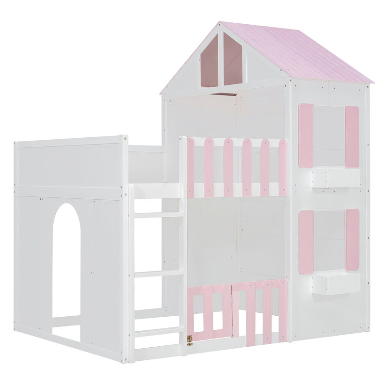 Lit superposé double en forme de maison avec rangement, en bois MDF pin, rose moderne, Rose