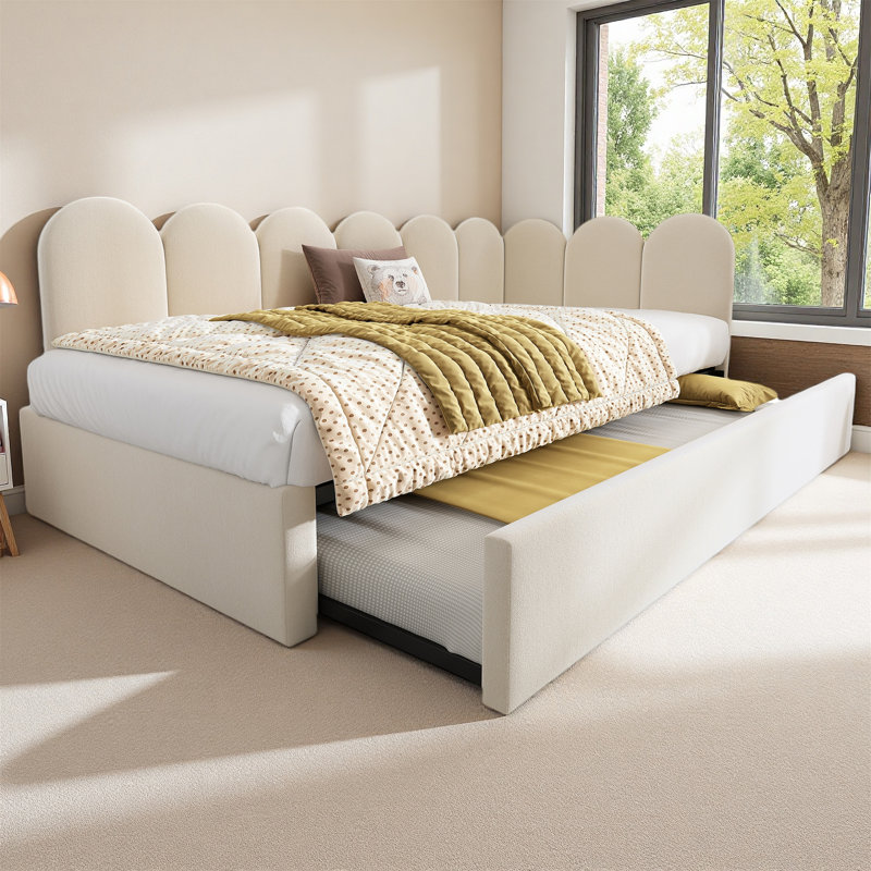 Upholstered Bed Daybed With Pull-Out Bed - Twin Size Single Sofa Bed For Guests - Space-Saving Design With Metal Slatted Frame, Beige