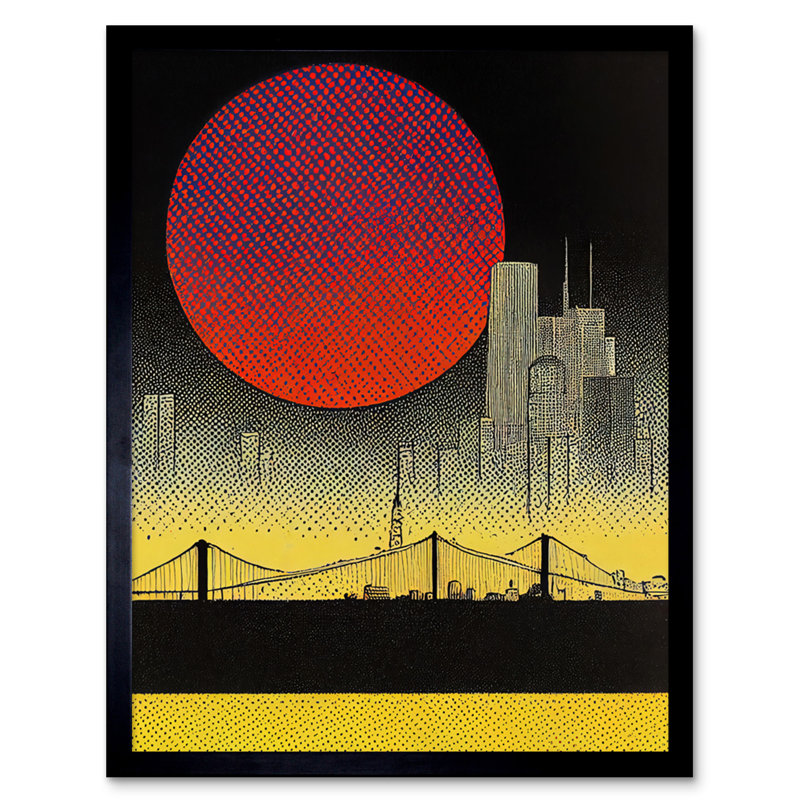 Pop Art Red Sunset Sun Manhattan Bridge - Single Picture Frame Print, 25.9cm H x 20.6cm W x 1.5cm D