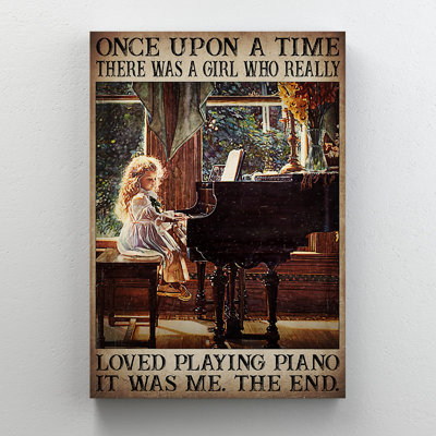 Une fille jouant du piano - Il était une fois une fille qui aimait vraiment jouer du piano, toile tendue avec châssis - Illustration musicale, décoration de salon brun