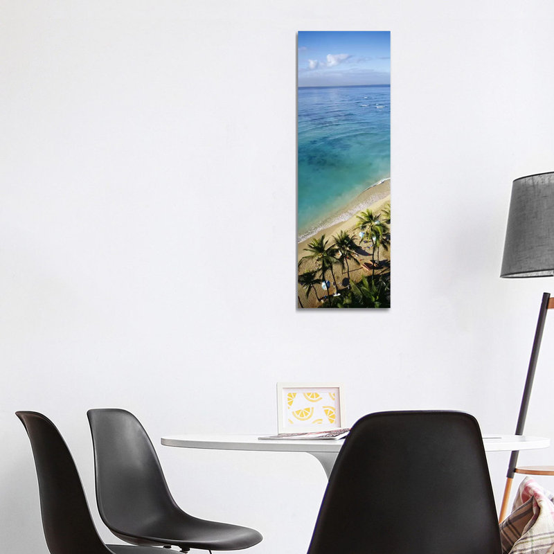 High Angle View of Palm Trees with Beach Umbrellas on the Beach, Waikiki Beach, Honolulu, Oahu, Hawaii, USA 1 Piece Wrapped Canvas Panoramic Wall Art