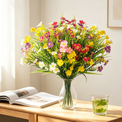 12 Bundles Artificial Flowers Set – UV Resistant Faux Plants with Multicolor Blooms, Realistic Plastic Shrubs for Indoor/Outdoor Decor, No-Water Weatherproof Greenery for Garden, Porch, Window Box & Vases
